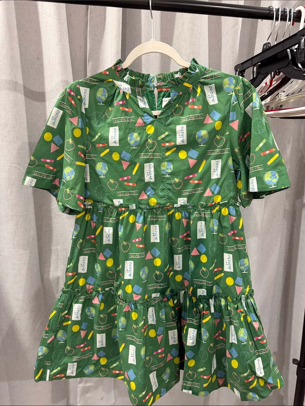 Girls' Green School-Print Tiered Casual Dress